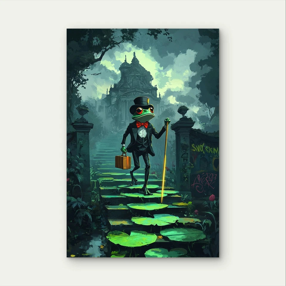 Whimsical Gentleman Frog With Cane Cartoon 40x60cm Metal Print Ready to Hang