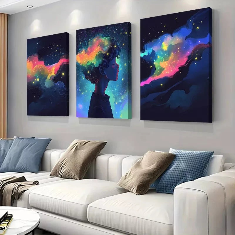 3pcs Colorful Abstract Dreamy Starry Sky Wall Art Set Canvas Framed 50x70cm - High Quality Print 100% Australian Made Wall Canvas Ready to Hang