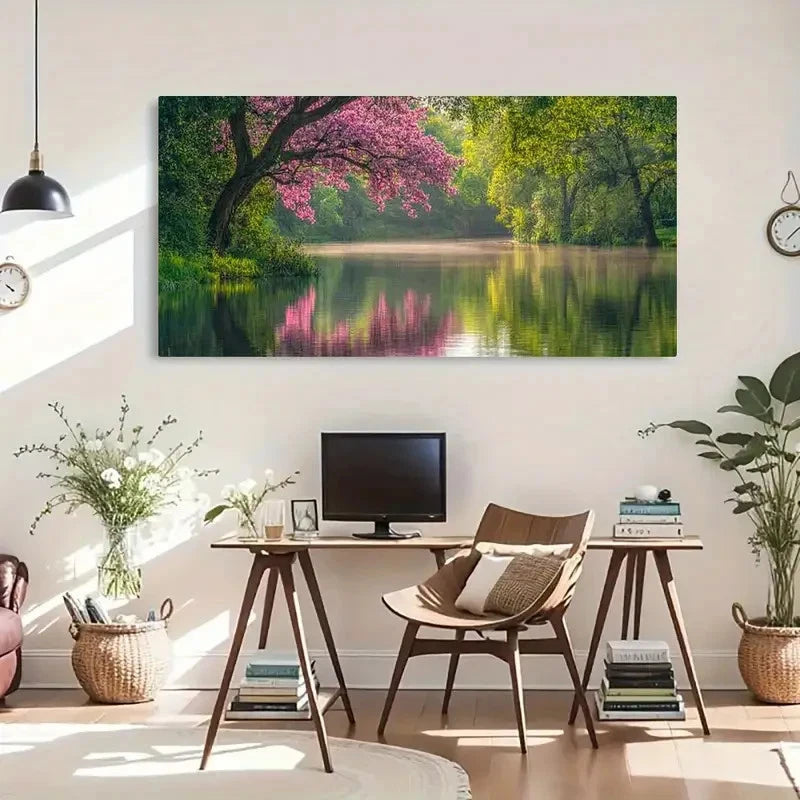 Cherry Blossom Serene Lake Wall Art Canvas Office Home Room Framed 120x60cm - Bella Home Decor