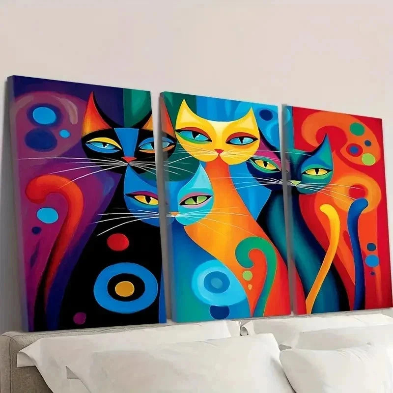 3pcs Colorful Cat Lovers Abstract Design Wall Art Set Canvas Framed 50x70cm - High Quality Print 100% Australian Made Wall Canvas Ready to Hang - Bella Home Decor