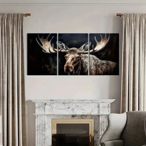3pcs Moose Antlers Dark Background Wall Art Canvas Unframed - High Quality Print 100% Australian Made Wall Canvas