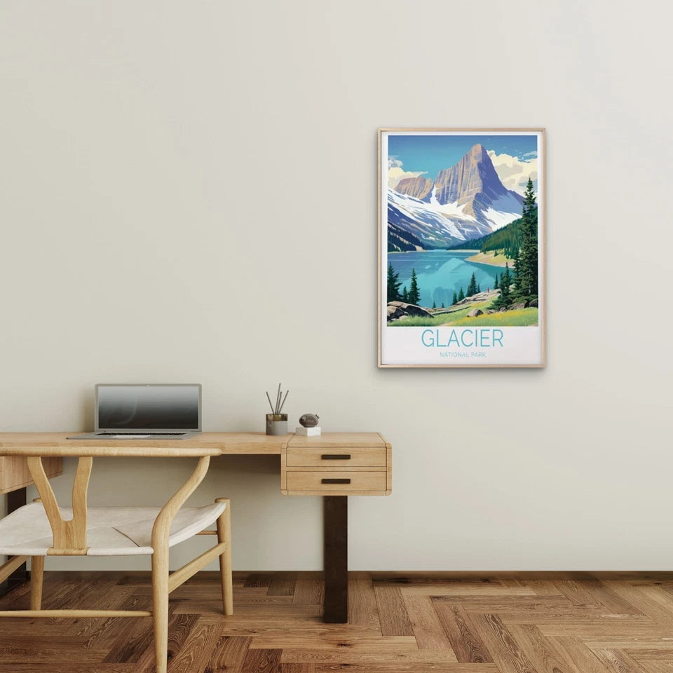 Glacier National Park, Pine Trees & Lake Travel Poster Print Wall Art