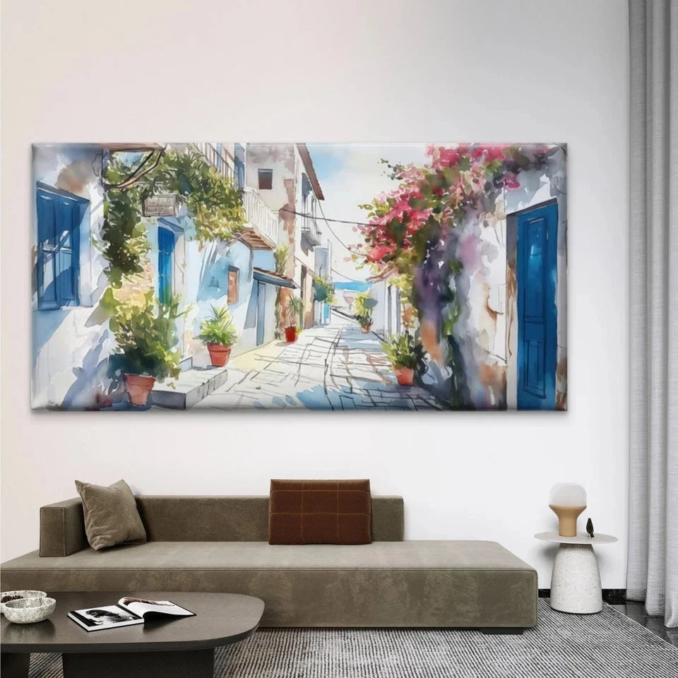 Mediterranean Street Watercolor Wall Art Canvas Office Home Room Framed 120x60cm