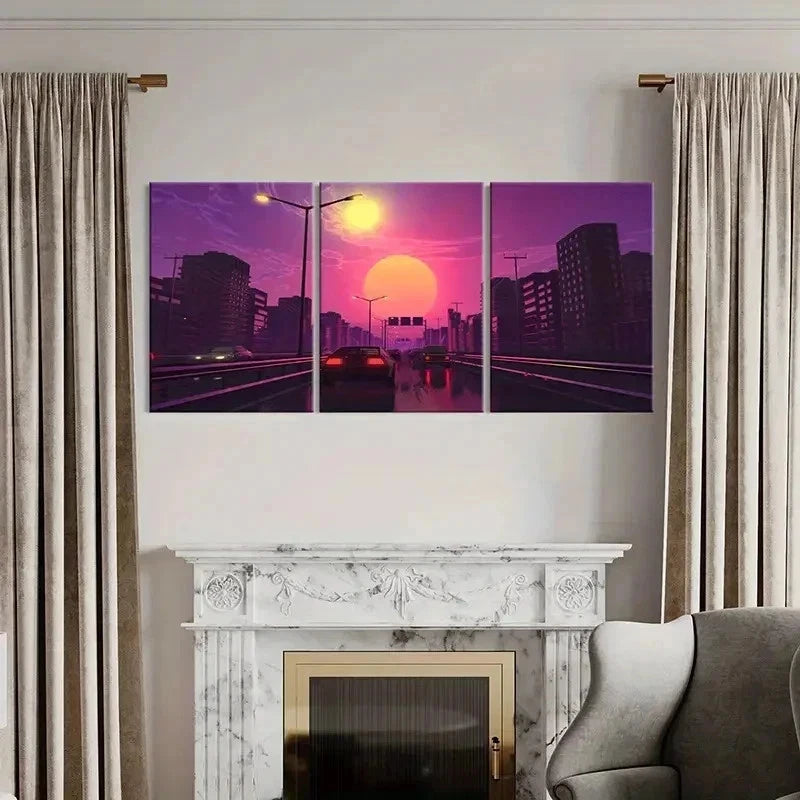 3pcs Vibrant Cityscape with Cars & Streetlights Wall Art Set Canvas Framed 40x60cm - High Quality Print 100% Australian Made Wall Canvas Ready to Hang - Bella Home Decor
