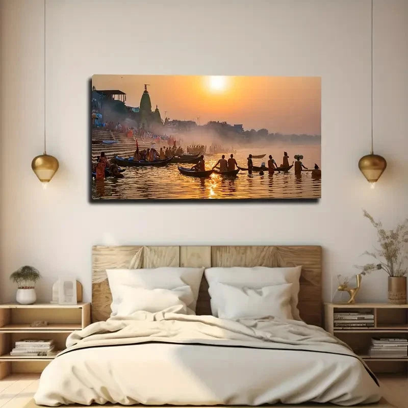 Gondolas On The Ganges Wall Art Canvas Office Home Room Framed 120x60cm