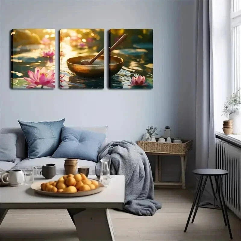 3pcs Golden Bowl and Wooden Spoon on Water Wall Art Set Canvas Framed 50x70cm - High Quality Print 100% Australian Made Wall Canvas Ready to Hang