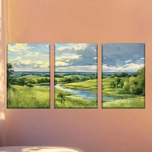3pcs Painting of a River in a Field Wall Art Set Canvas Framed 40x60cm - High Quality Print 100% Australian Made Wall Canvas Ready to Hang