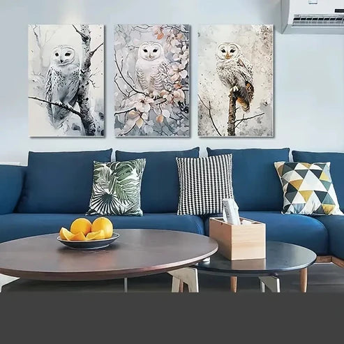 3pcs Snowy Night Owl Winter Wonderland Wall Art Set Canvas Unframed - High Quality Print 100% Australian Made Wall Canvas