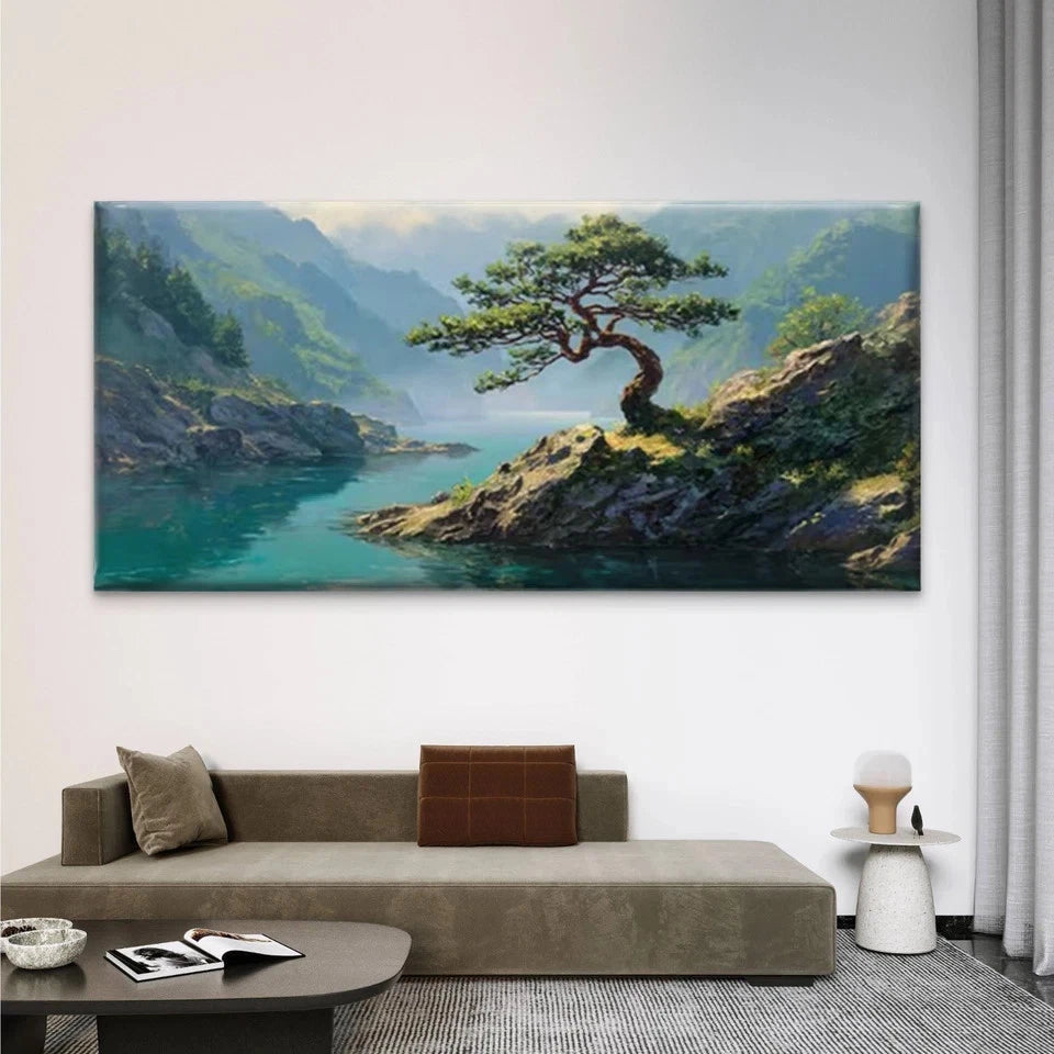 Mountain Landscape with Bonsai Wall Art Canvas Office Home Room Framed 120x60cm