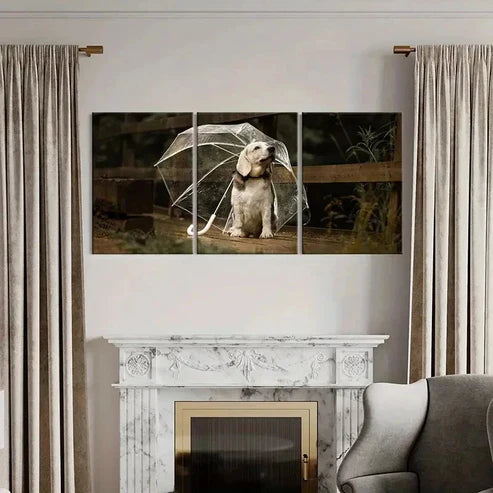 3pcs Puppy Dog Pet Under an Umbrella Wall Art Canvas Unframed – High Quality Print 100% Australian Made Wall Canvas