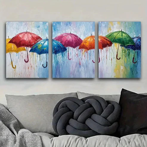 3pcs Rainy Day Umbrella Scene Colorful Perfect Wall Art Set Canvas Unframed - High Quality Print 100% Australian Made Wall Canvas