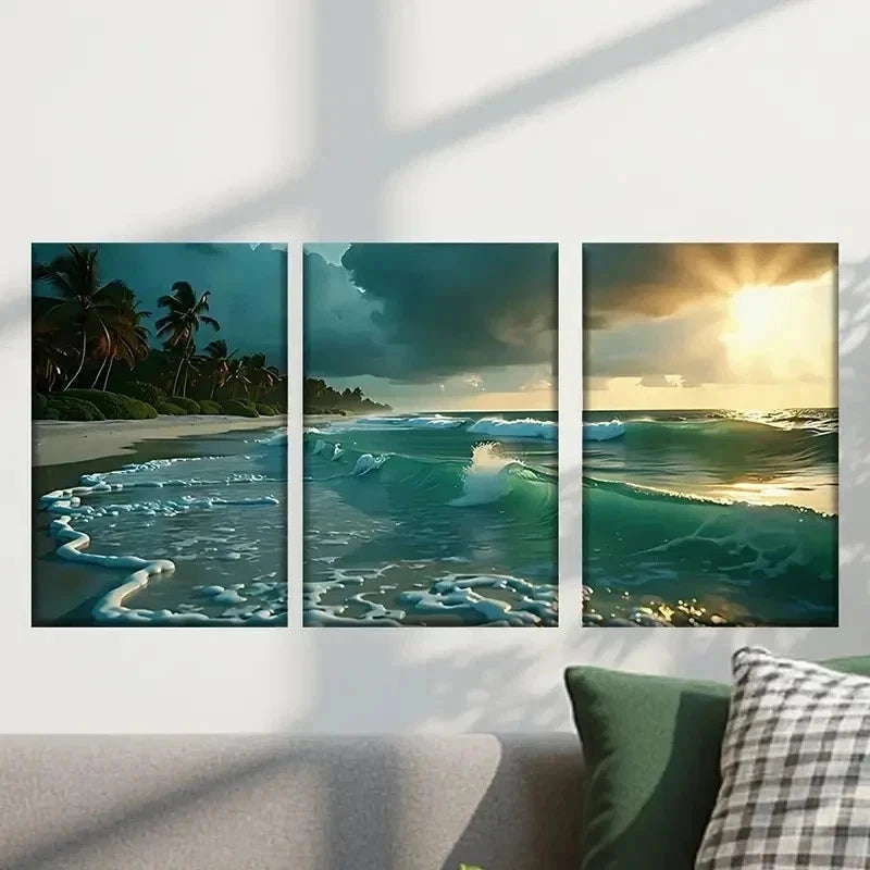 3pcs Vibrant Sunset Palm Trees & Waves Wall Art Set Canvas Framed 50x70cm - High Quality Print 100% Australian Made Wall Canvas Ready to Hang