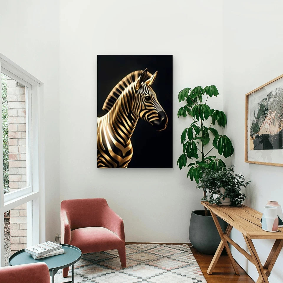 Golden Zebra Portrait 40x60cm Metal Print Ready to Hang