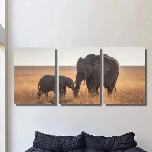 3pcs Elephant and Baby Elephant Wildlife Wall Art Canvas Unframed - High Quality Print 100% Australian Made Wall Canvas