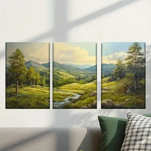 3pcs Mountain Scene with a Stream Wall Art Canvas Unframed - High Quality Print 100% Australian Made Wall Canvas