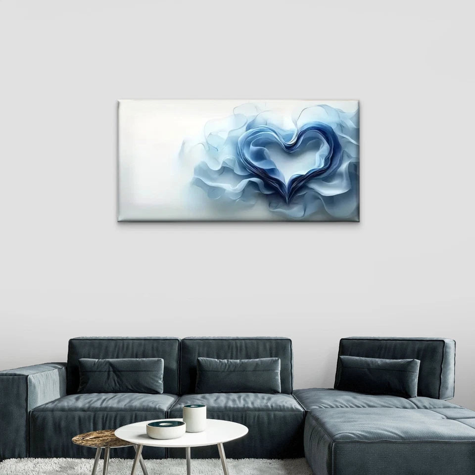 Blue & White Heart Design Wall Art Canvas Office Home Room Framed 120x60cm