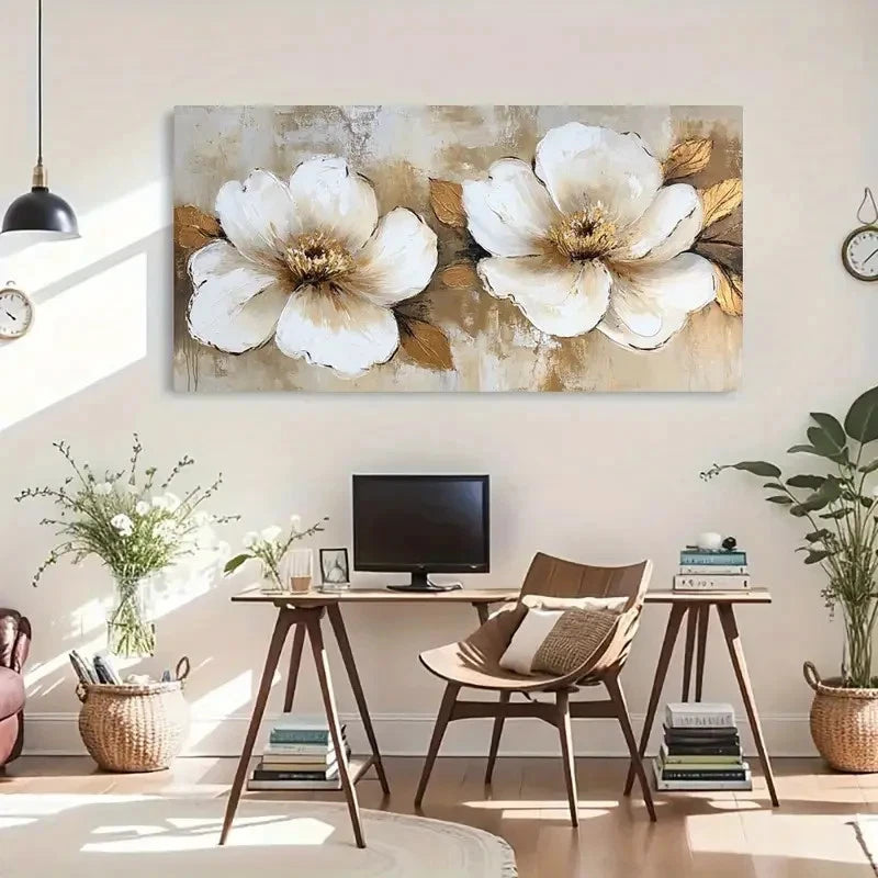 Golden Leaves White Flowers Wall Art Canvas Office Home Room Framed 120x60cm