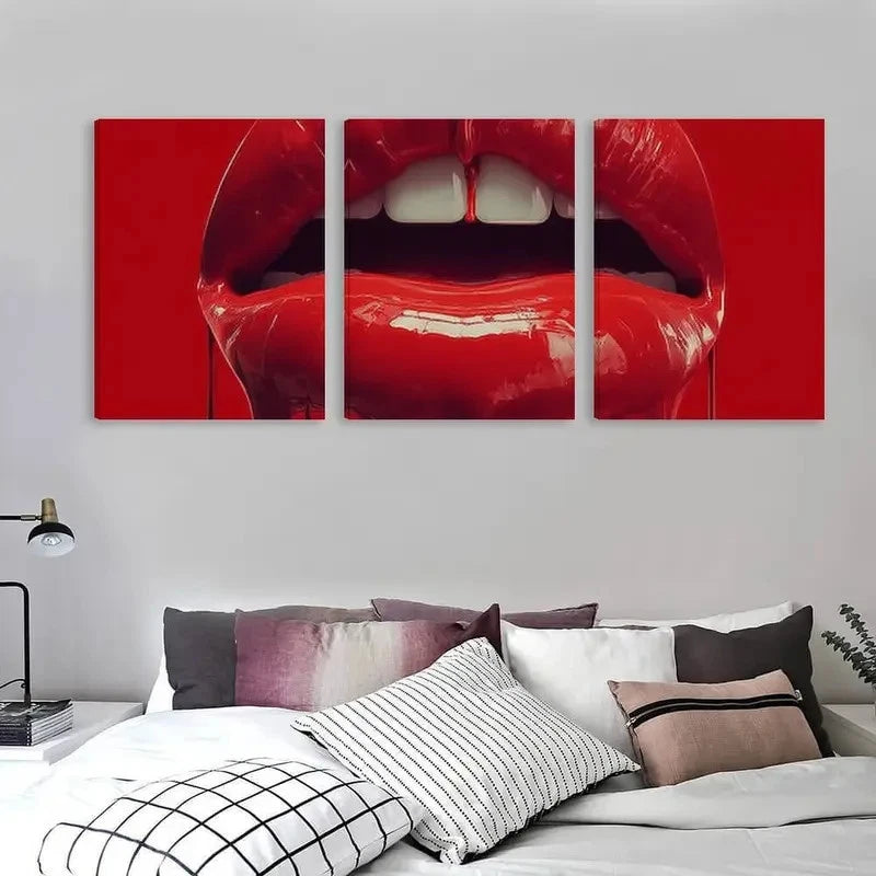 3pcs Vibrant Red Lips Glossy Liquid Drip Wall Art Set Canvas Framed 50x70cm - High Quality Print 100% Australian Made Wall Canvas Ready to Hang