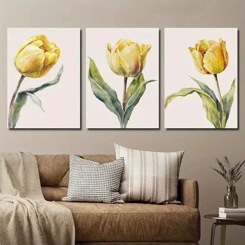 3pcs Vibrant Yellow & Green Tulip Wall Art Set Canvas Unframed - High Quality Print 100% Australian Made Wall Canvas