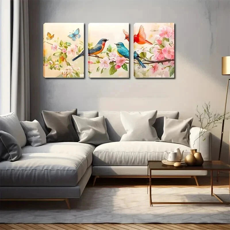 3pcs Vibrant Birds Pink Flower Branches Perfect Wall Art Set Canvas Framed 50x70cm - High Quality Print 100% Australian Made Wall Canvas Ready to Hang - Bella Home Decor