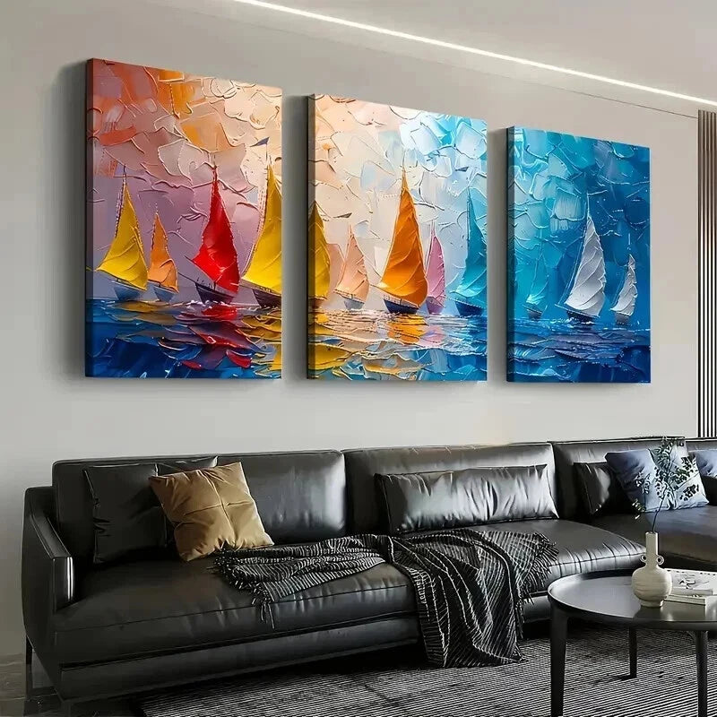 3pcs Sailboats on Water Scene Sailing Perfect Wall Art Set Canvas Framed 60x90cm - High Quality Print 100% Australian Made Wall Canvas Ready to Hang - Bella Home Decor
