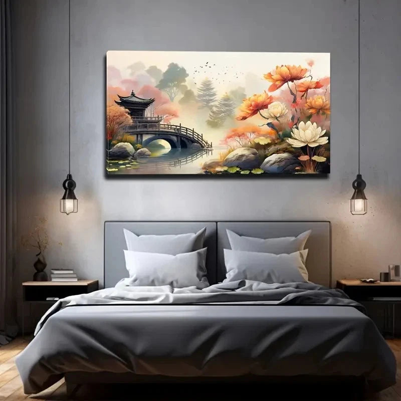 Vibrant Chinese Garden Lands Wall Art Canvas Office Home Room Framed 120x60cm