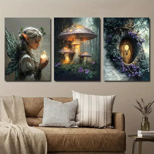 3pcs Fairy Girl and Mysterious Forest Mushrooms Wall Art Set Canvas Unframed - High Quality Print 100% Australian Made Wall Canvas