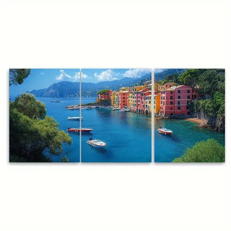 3pcs Portofino Coastal Calm Bay with Boats BH Wall Art Set Canvas Framed 50x70cm - High Quality Print 100% Australian Made Wall Canvas Ready to Hang