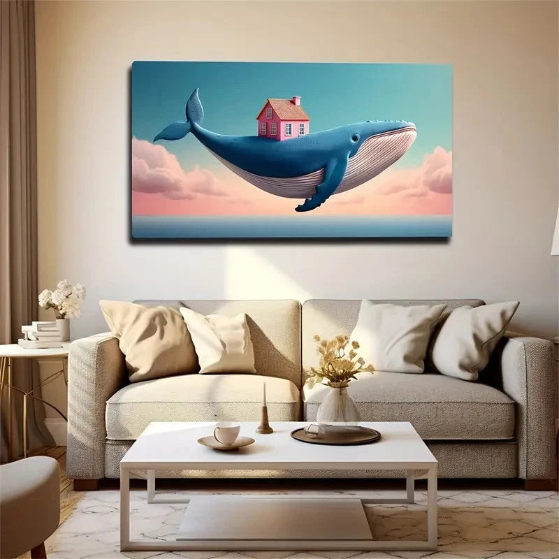 Blue Whale & Pink House Wall Art Canvas Office Home Room Framed 120x60cm