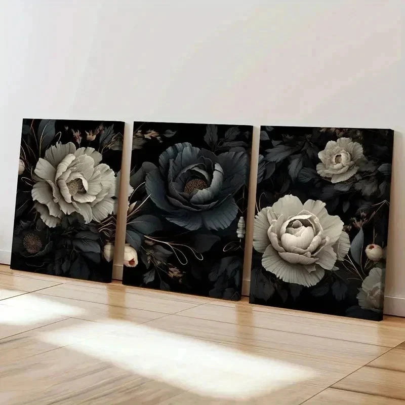3pcs Vintage Gothic Black Floral Wall Art Set Canvas Framed 60x90cm - High Quality Print 100% Australian Made Wall Canvas Ready to Hang