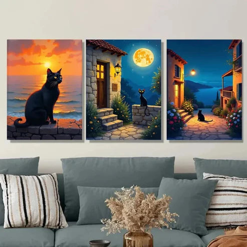 3pcs Black Cat Sunset & Moonlit Village Houses Wall Art Set Canvas Unframed - High Quality Print 100% Australian Made Wall Canvas - Bella Home Decor