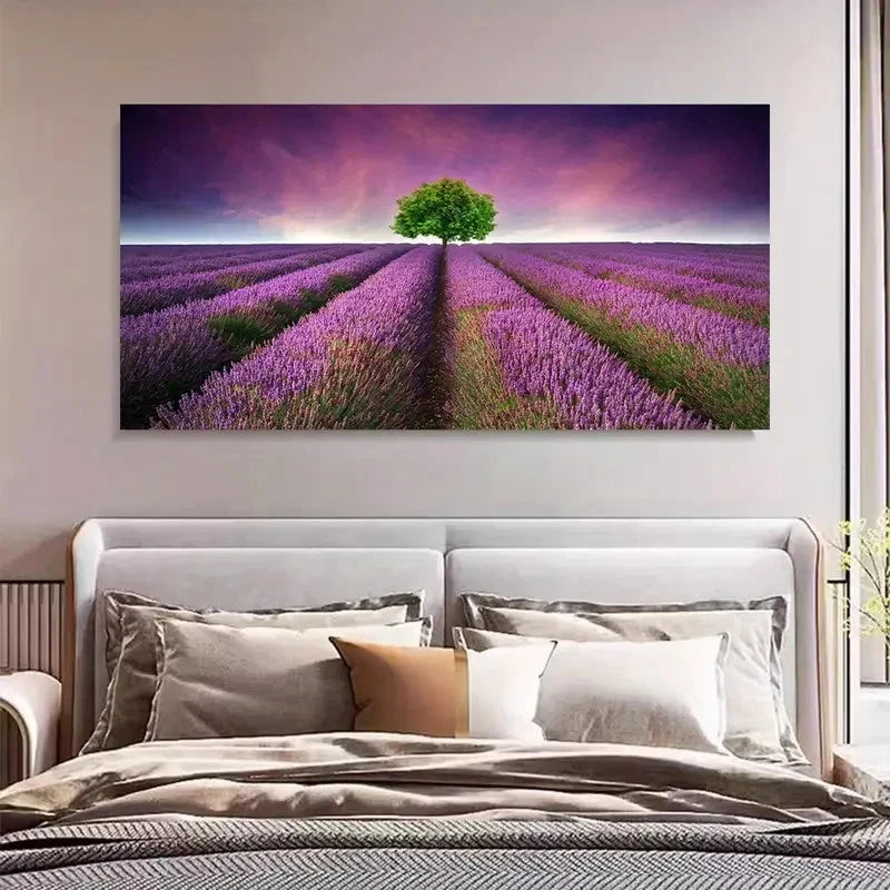 Lavender Fields & Tree Of Life Wall Art Canvas Office Home Room Framed 120x60cm - Bella Home Decor