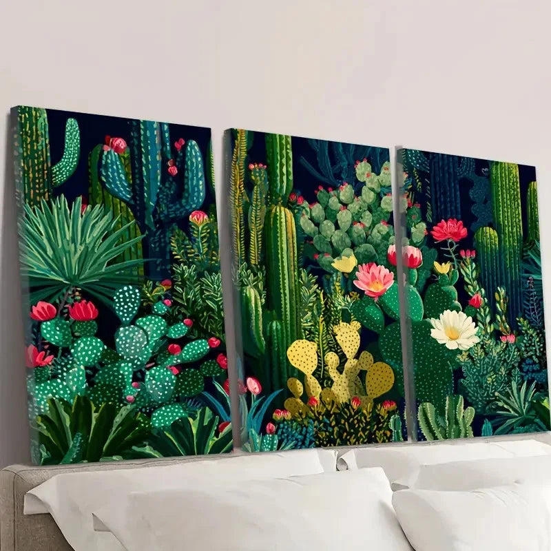 3pcs Navy Cactus Wall Art Set Canvas Framed 40x60cm - High Quality Print 100% Australian Made Wall Canvas Ready to Hang