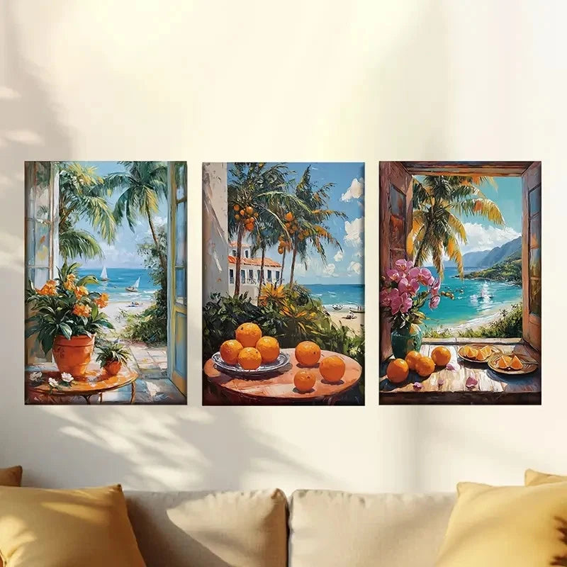 3pcs Beach with Palm Trees, Oranges & Flower 50x70cm - High Quality Print 100% Australian Made Wall Canvas Ready to Hang - Bella Home Decor