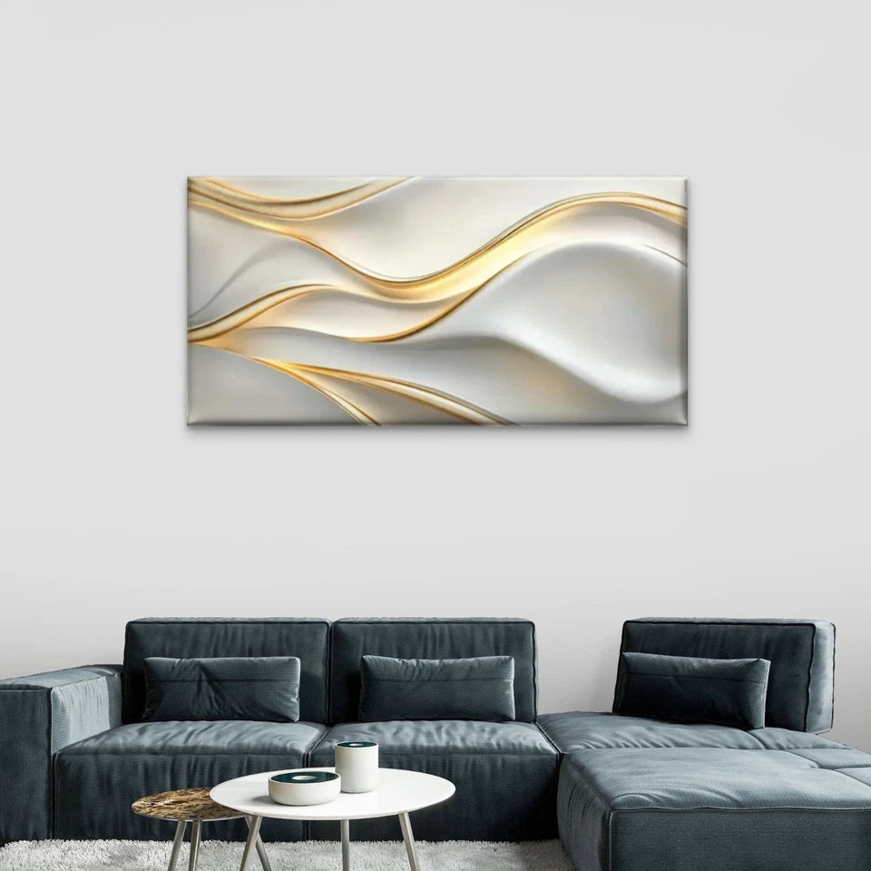 Abstract White & Golden Wavy Wall Art Canvas Office Home Room Framed 120x60cm