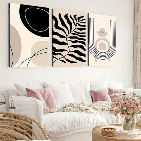 3pcs Modern Abstract Geometric Leaves Black Line Wall Art Set Canvas Unframed - High Quality Print 100% Australian Made Wall Canvas