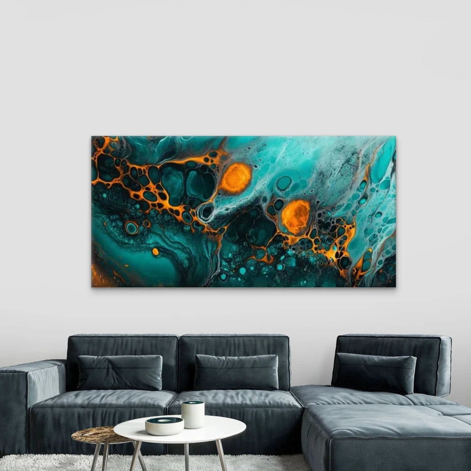 Blue, Teal, & Golden Abstract Wall Art Canvas Office Home Room Framed 120x60cm