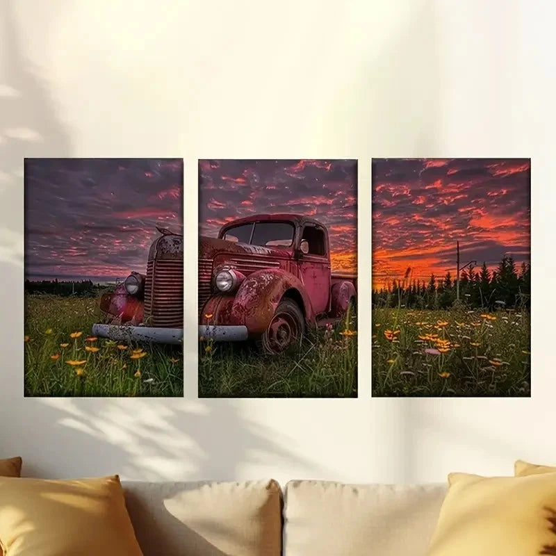 3pcs red truck in field of flowers Wall Art Set Canvas Framed 40x60cm - High Quality Print 100% Australian Made Wall Canvas Ready to Hang
