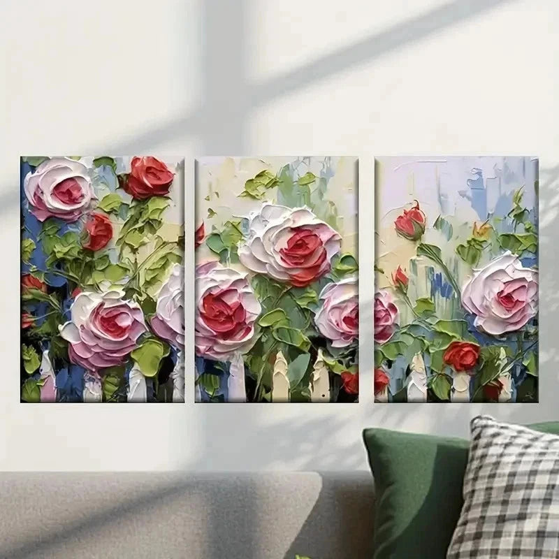 3pcs Painting of Roses on a White Background Wall Art Set Canvas Framed 50x70cm - High Quality Print 100% Australian Made Wall Canvas Ready to Hang