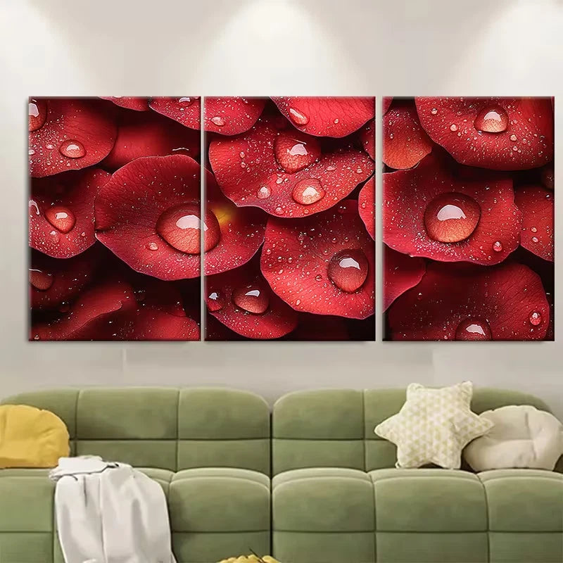 3pcs Macro Photography of Raindrops on Rose Petals Metal Print Ready to Hang Art