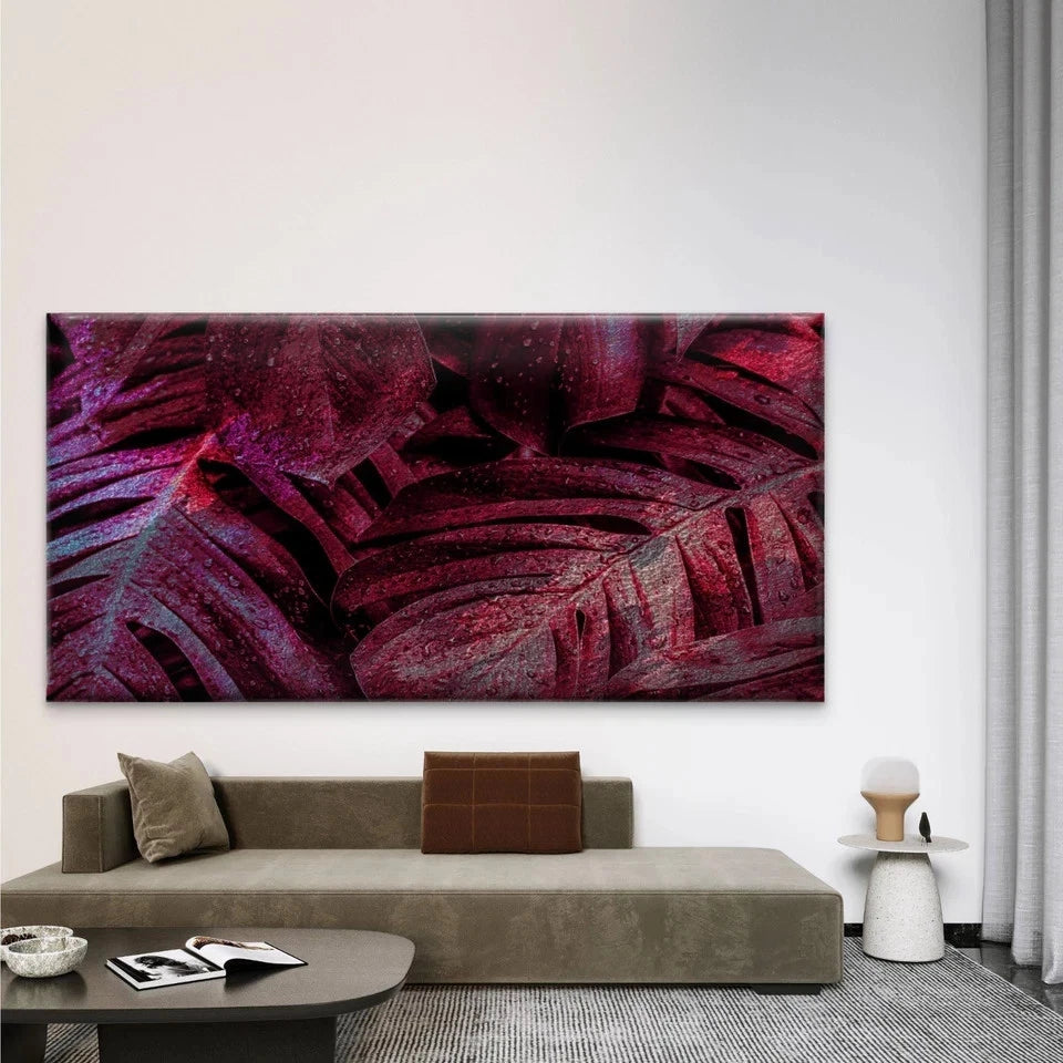 Dark Red Monstera Leaf Wall Art Canvas Office Home Room Framed 120x60cm