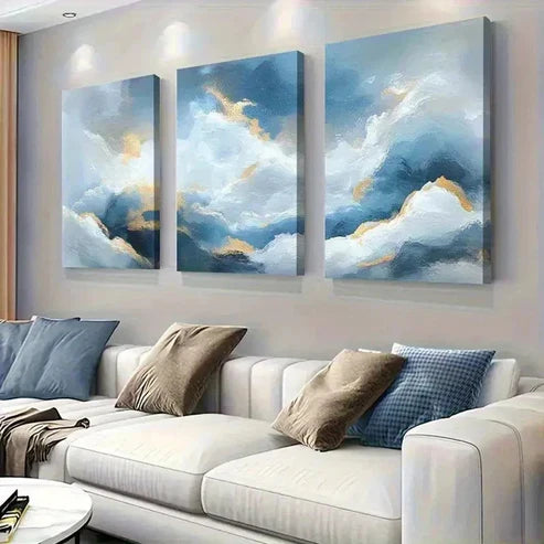 3pcs Landscape with Blue & Golden Brushstrokes Wall Art Set Canvas Unframed - High Quality Print 100% Australian Made Wall Canvas