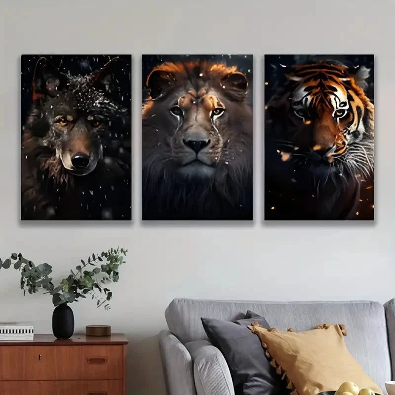 3pcs Majestic Lion Wolf & Tiger Wall Art Set Canvas Framed 50x70cm - High Quality Print 100% Australian Made Wall Canvas Ready to Hang