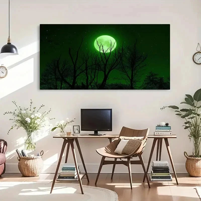 Full Moon Green Light Modern Wall Art Canvas Office Home Room Framed 120x60cm
