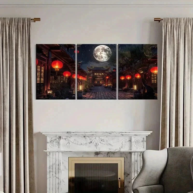 3pcs Traditional Architecture Lantern in Moonlit Wall Art Set Canvas Framed 50x70cm - High Quality Print 100% Australian Made Wall Canvas Ready to Hang - Bella Home Decor