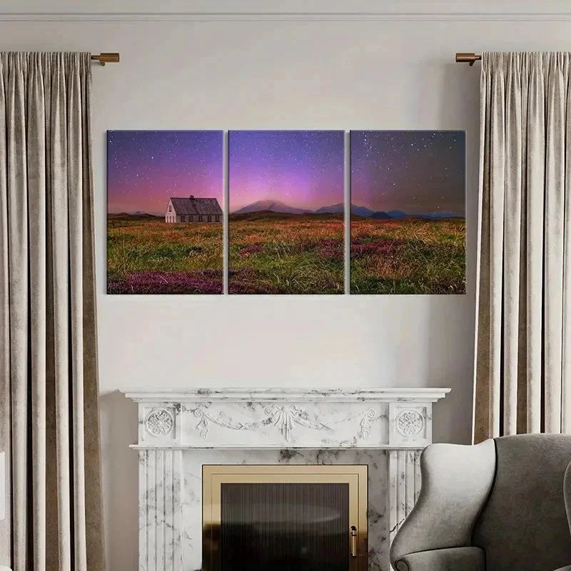 3pcs Starry Night Scene Grassland & Cabin Wall Art Set Canvas Framed 50x70cm - High Quality Print 100% Australian Made Wall Canvas Ready to Hang