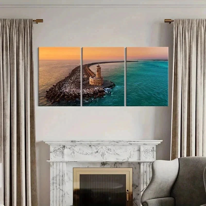 3pcs Sunset Sea Lighthouse Pier Modern Wall Art Set Canvas Framed 40x60cm - High Quality Print 100% Australian Made Wall Canvas Ready to Hang - Bella Home Decor
