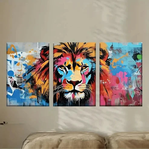 3pcs a Colorful Lion Painting Wall Art Set Canvas Unframed - High Quality Print 100% Australian Made Wall Canvas - Bella Home Decor