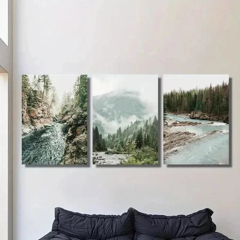 3pcs Misty Mountains & Pine Trees Landscape Wall Art Set Canvas Unframed - High Quality Print 100% Australian Made Wall Canvas