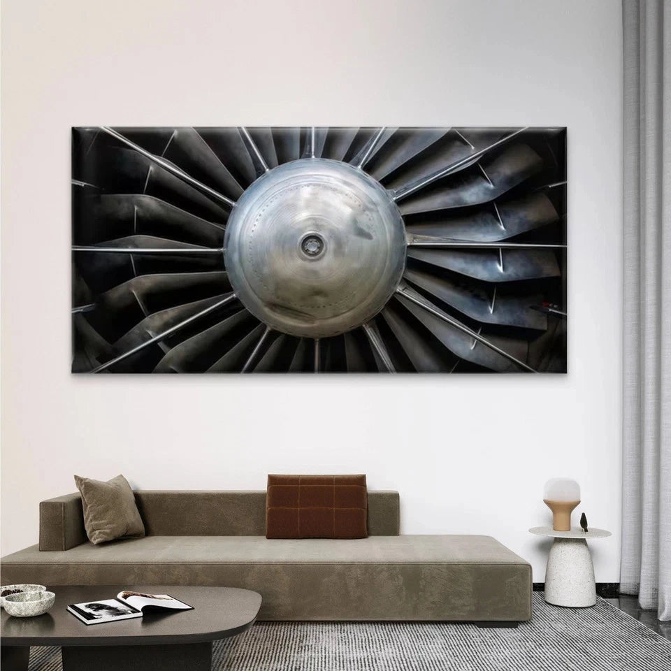 Metallic Jet Engine Turbine Wall Art Canvas Office Home Room Framed 120x60cm